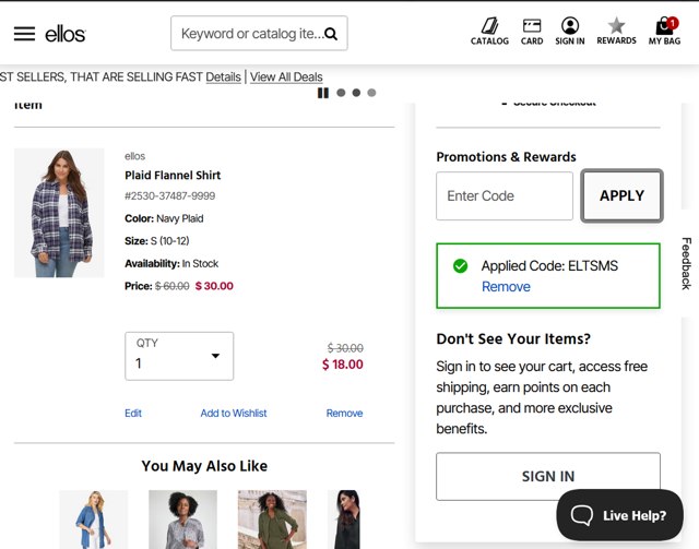 Ellos checkout page showing Ellos promo code box | Screenshot taken by SimplyCodes community member on Aug 26, 2025