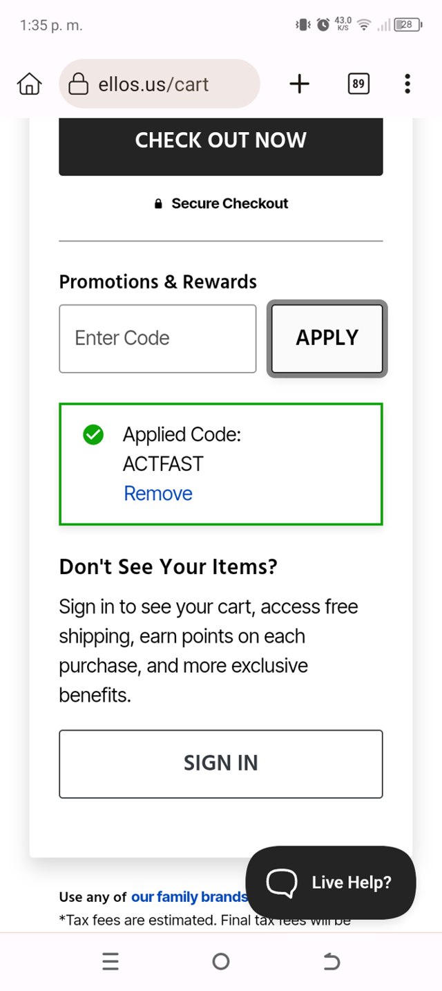Ellos checkout page showing Ellos promo code box | Screenshot taken by SimplyCodes community member on Aug 10, 2025