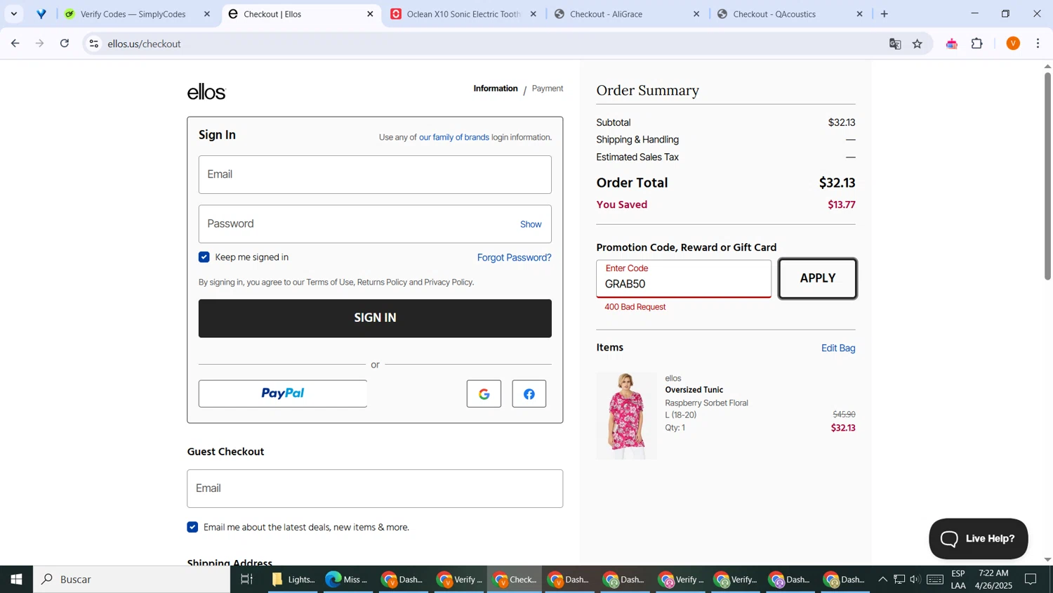 Ellos promo code screenshot showing code GRAB50 applied at Ellos checkout page. Uploaded by SimplyCodes community member CouponTiger763 on Apr 26, 2025