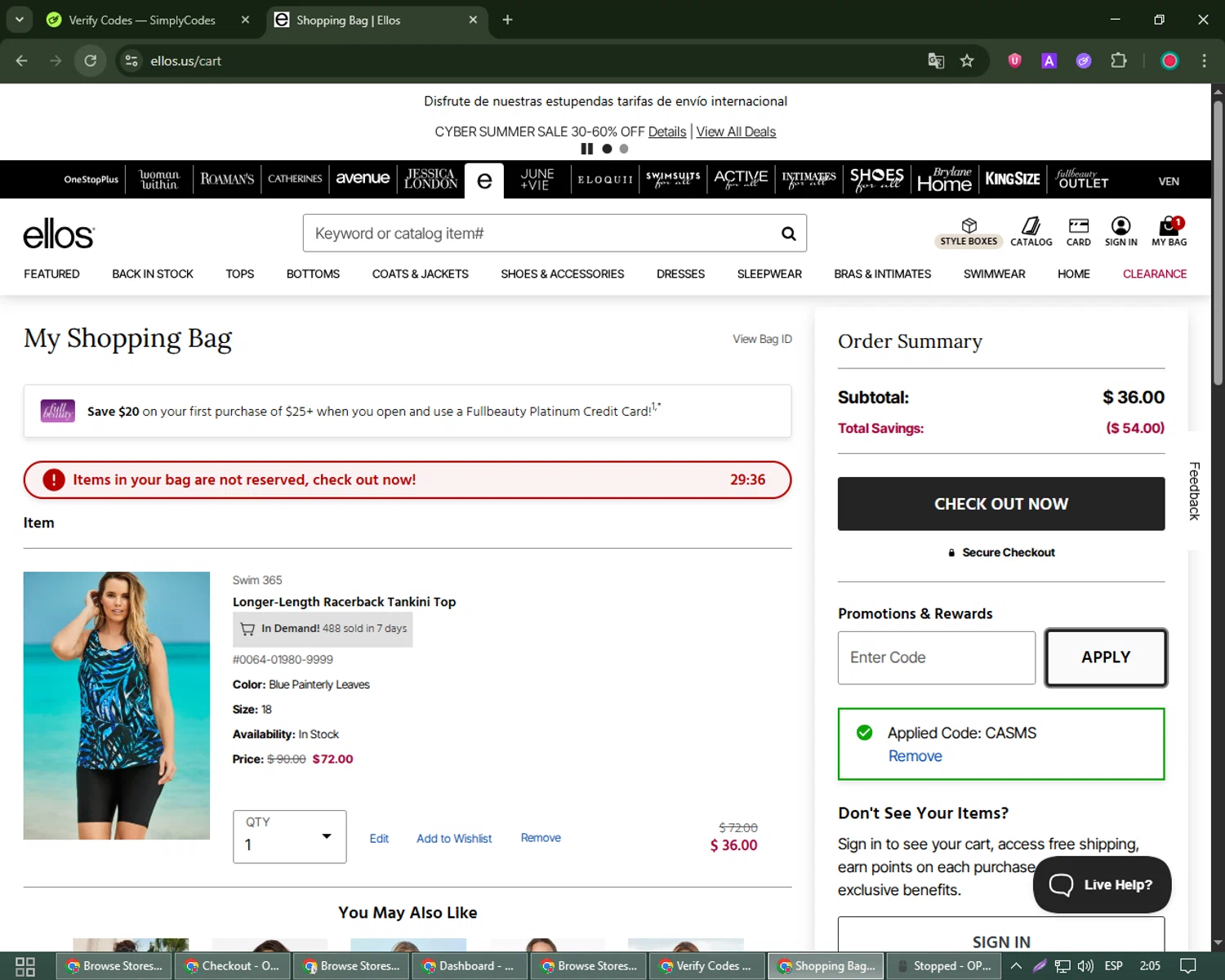Ellos promo code screenshot showing code CASMS applied at Ellos checkout page. Uploaded by SimplyCodes community member Robert_Williams on Jun 27, 2025