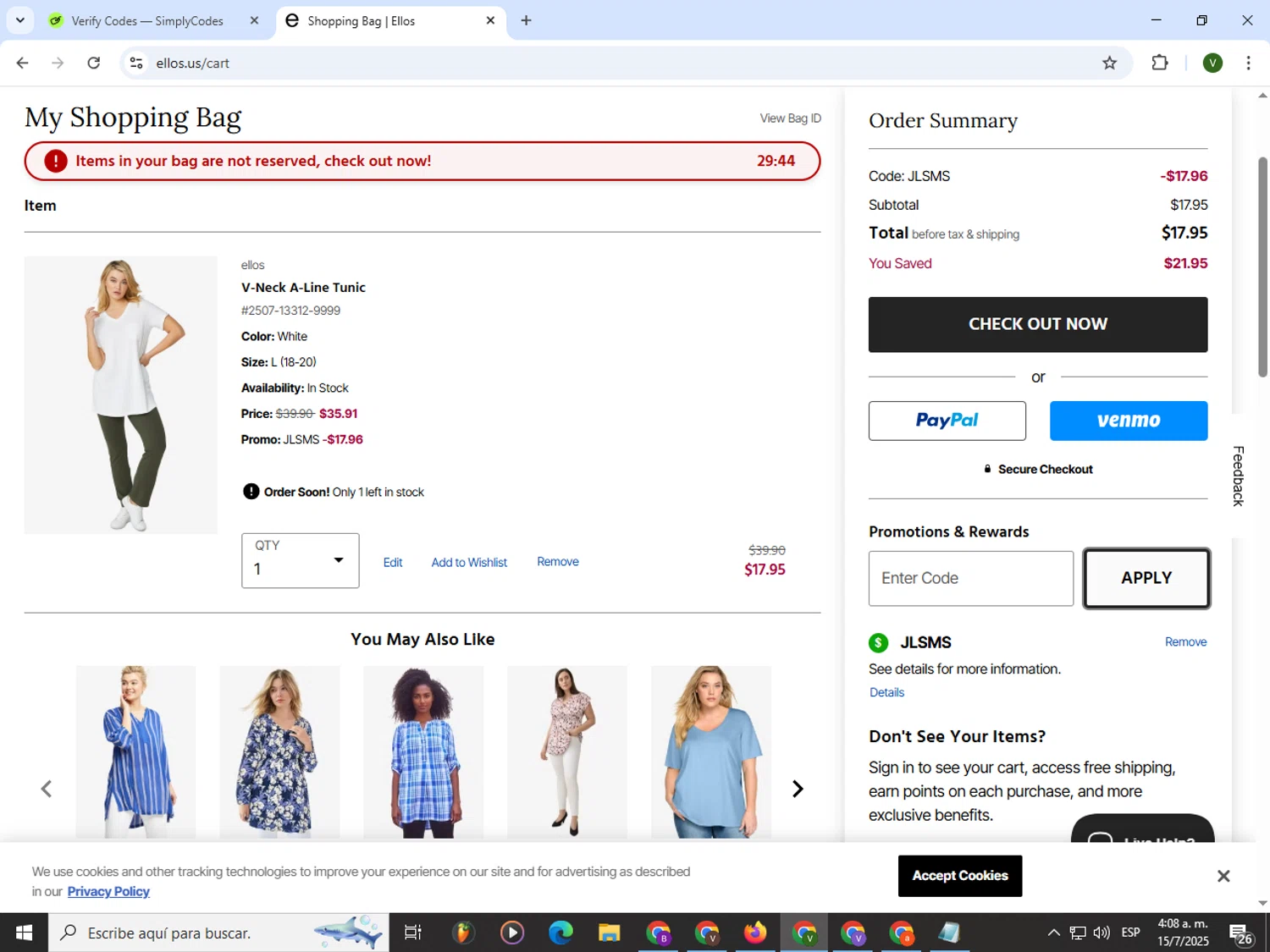 Ellos promo code screenshot showing code JLSMS applied at Ellos checkout page. Uploaded by SimplyCodes community member PrimeWizard4168 on Jul 15, 2025