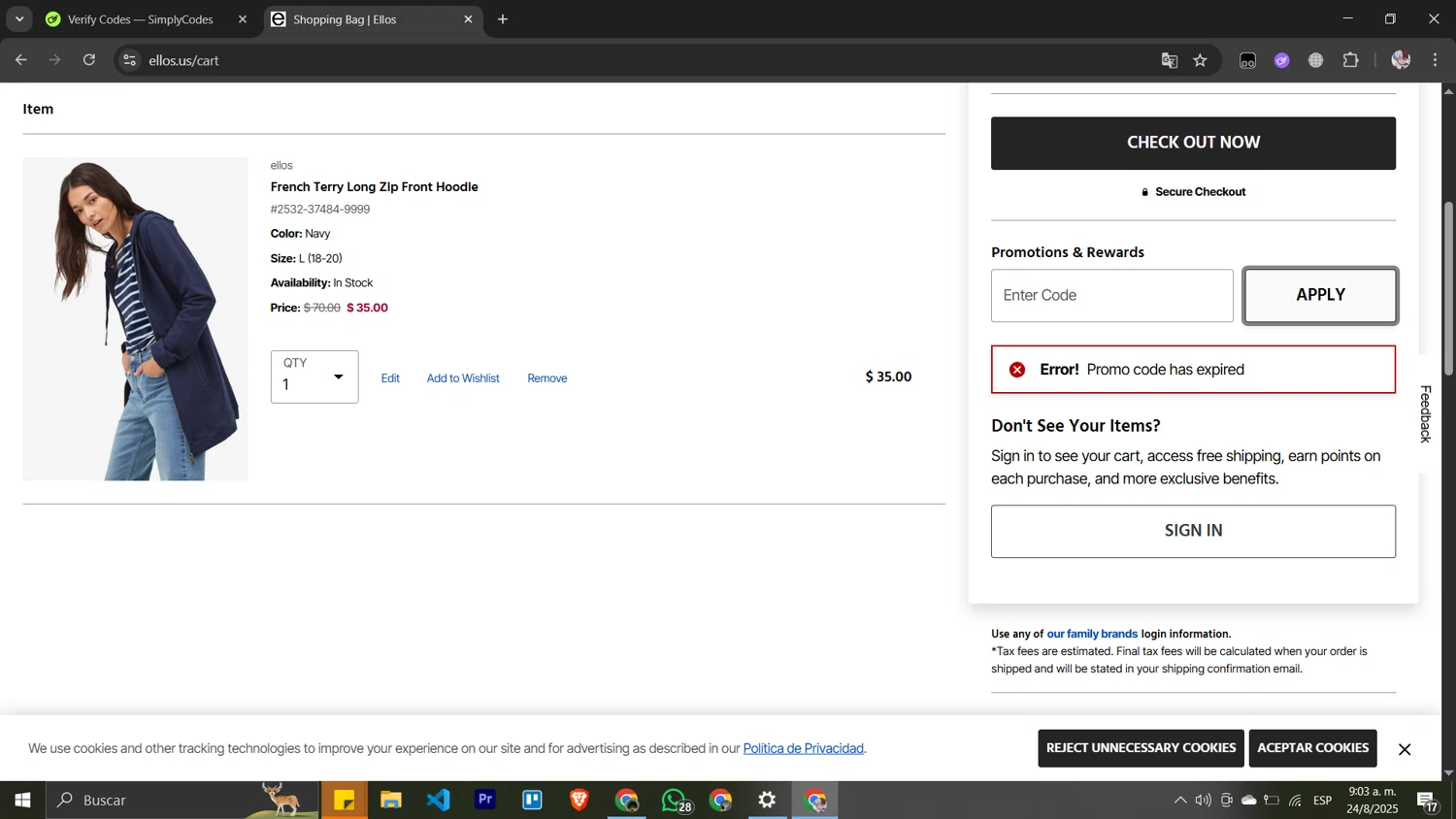 Ellos promo code screenshot showing code WEEKEND45 applied at Ellos checkout page. Uploaded by SimplyCodes community member Pansito on Aug 24, 2025