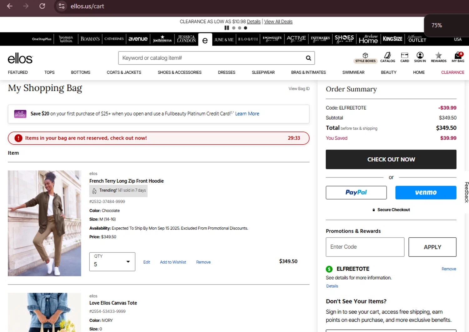 Ellos promo code screenshot showing code elfreetote applied at Ellos checkout page. Uploaded by SimplyCodes community member Kurokenshi on Aug 26, 2025