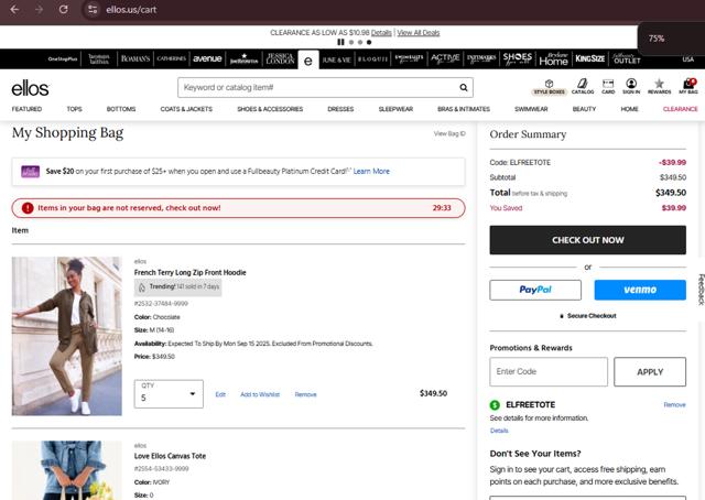 Ellos checkout page showing Ellos promo code box | Screenshot taken by SimplyCodes community member on Aug 26, 2025