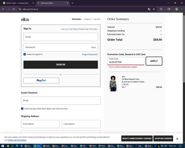 Ellos checkout page showing Ellos promo code box | Screenshot taken by SimplyCodes community member on Aug 15, 2025