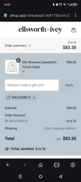 WELCOME15 coupon verification screenshot