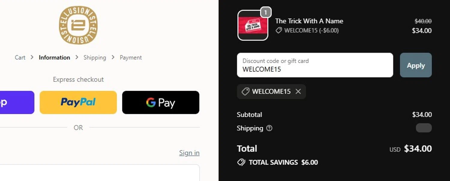 Ellusionist checkout page showing Ellusionist promo code box | Screenshot taken by SimplyCodes community member on Nov 17, 2025