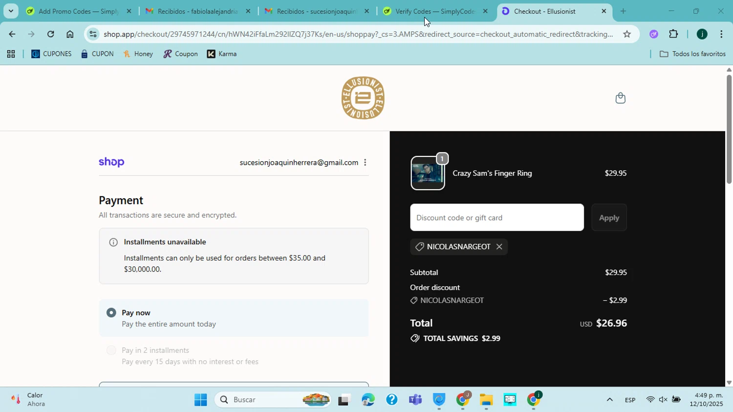 Ellusionist promo code screenshot showing code NICOLASNARGEOT applied at Ellusionist checkout page. Uploaded by SimplyCodes community member jorgejavierherrera on Oct 12, 2025