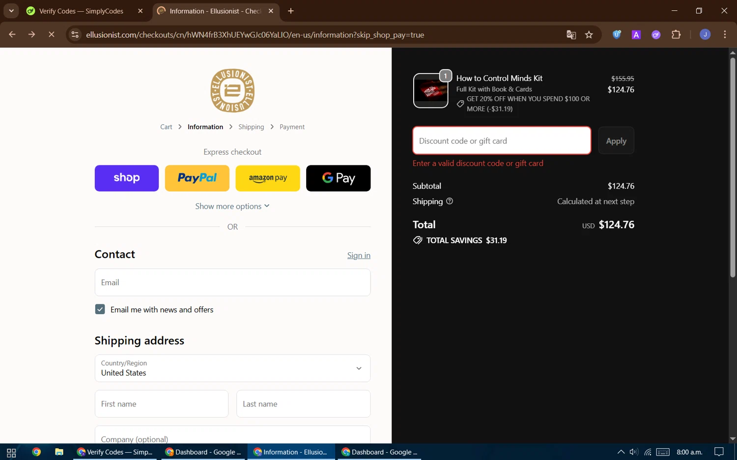Ellusionist promo code screenshot showing code SECRET20 applied at Ellusionist checkout page. Uploaded by SimplyCodes community member DealFinder1711 on Oct 29, 2025