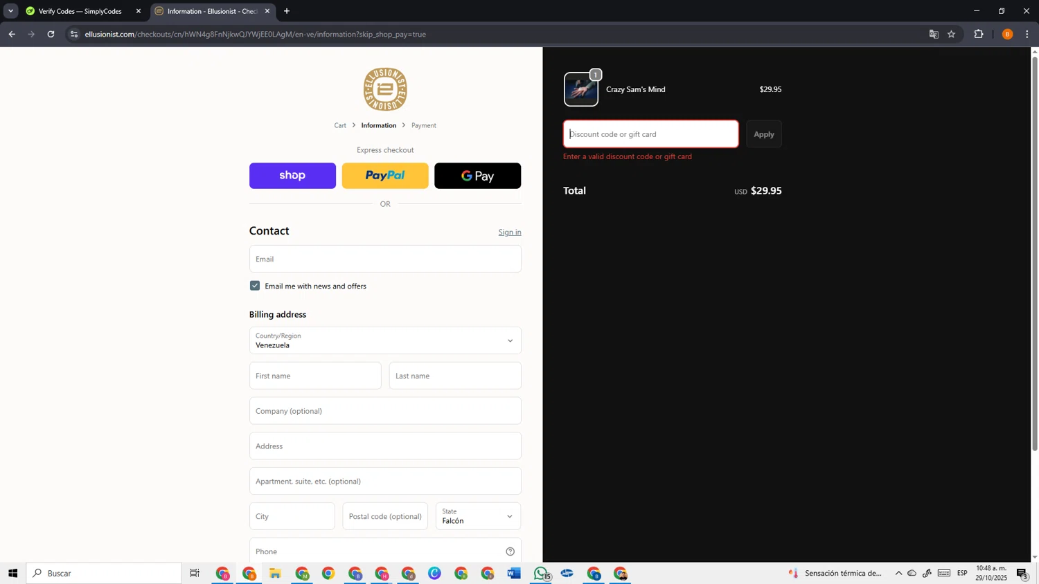 Ellusionist promo code screenshot showing code SECRET20 applied at Ellusionist checkout page. Uploaded by SimplyCodes community member VoucherSage2253 on Oct 29, 2025
