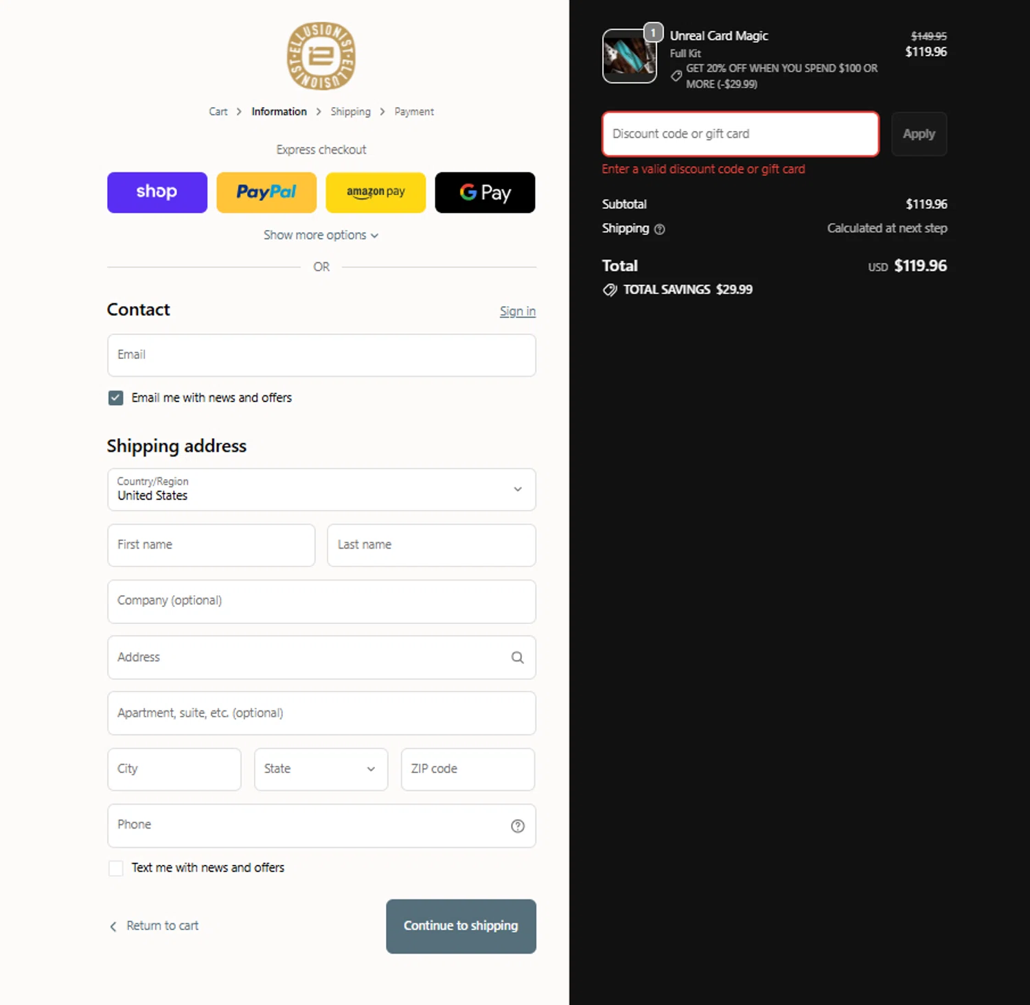 Ellusionist promo code screenshot showing code SECRET20 applied at Ellusionist checkout page. Uploaded by SimplyCodes community member reggiesmith on Oct 29, 2025