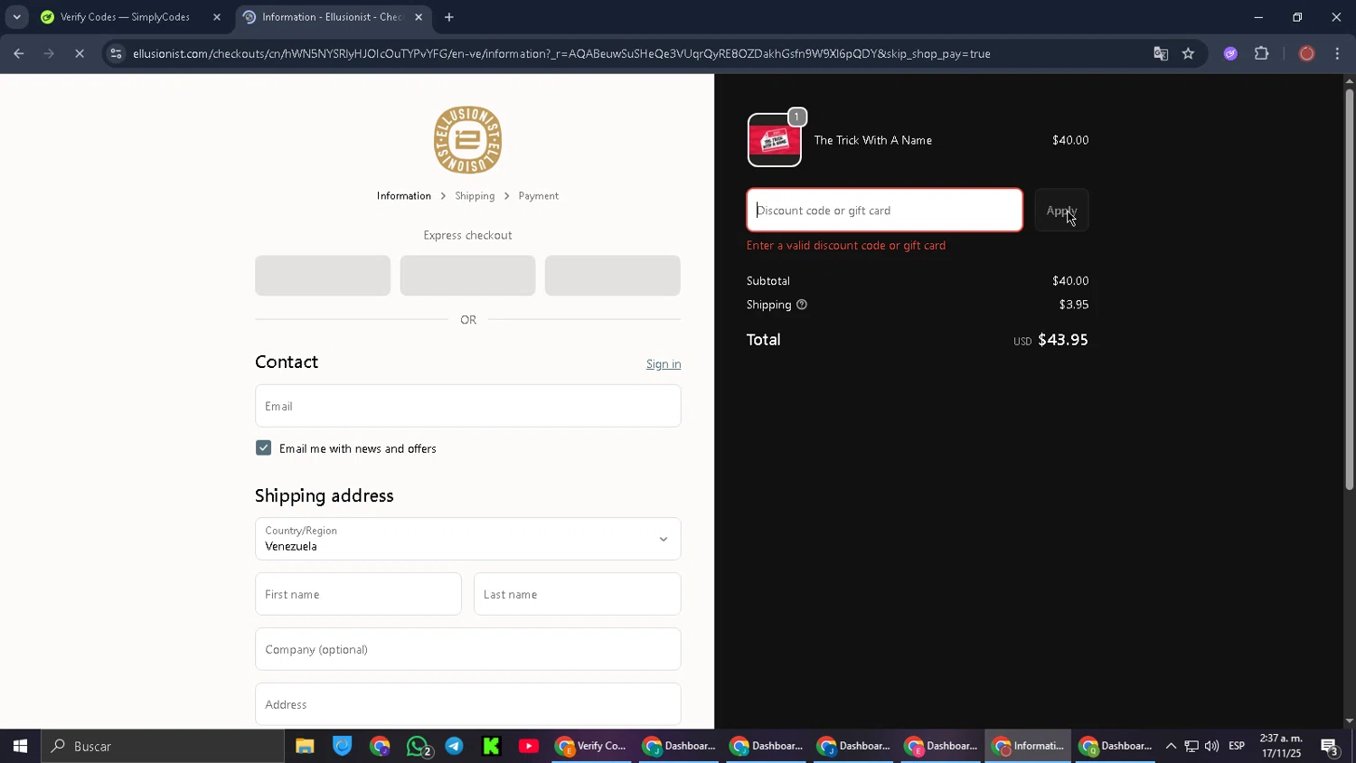 Ellusionist promo code screenshot showing code GEEKFAMILY applied at Ellusionist checkout page. Uploaded by SimplyCodes community member PromoScout8746 on Nov 17, 2025