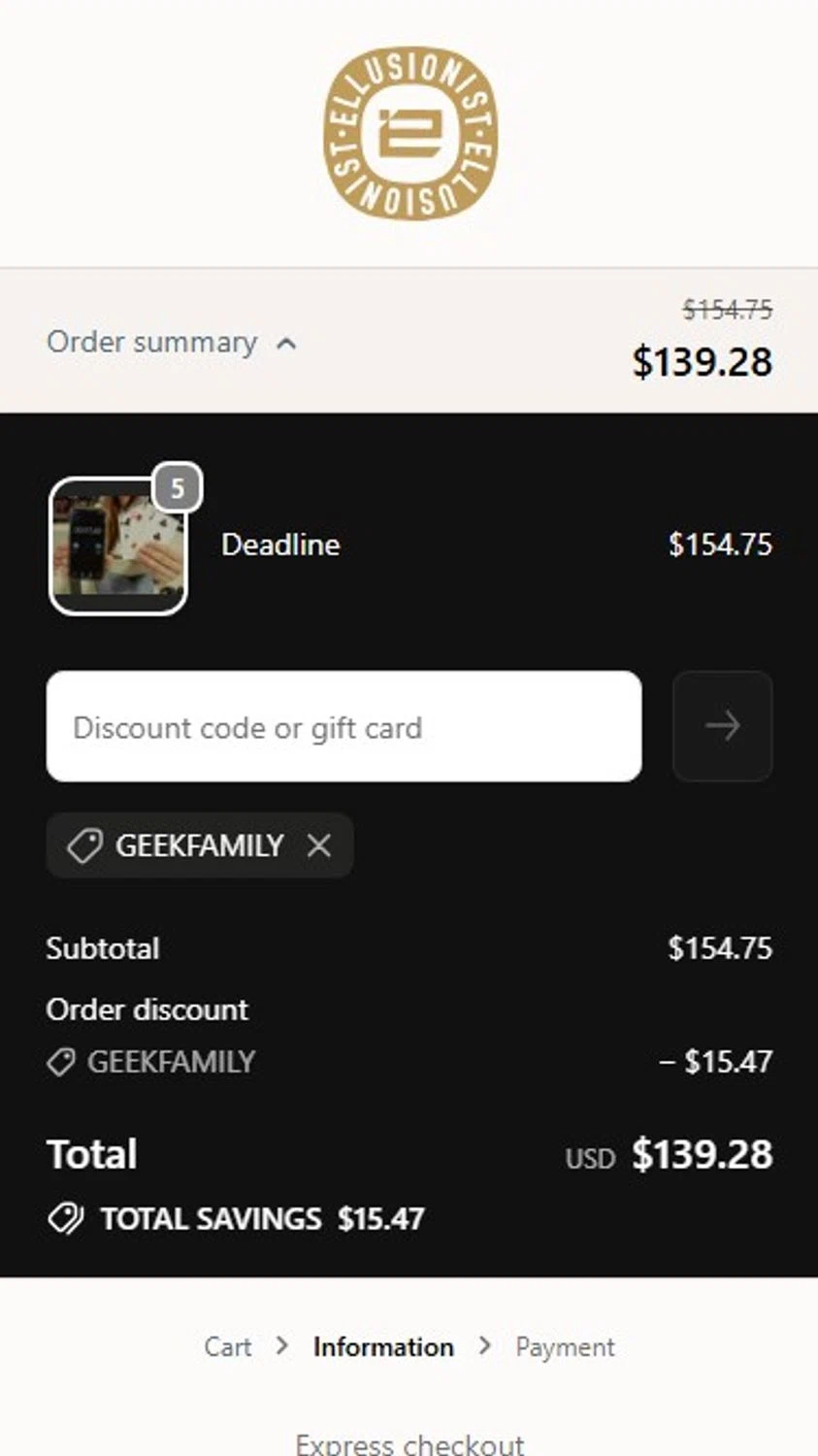 Ellusionist promo code screenshot showing code GEEKFAMILY applied at Ellusionist checkout page. Uploaded by SimplyCodes community member RonaldoM32 on Feb 3, 2026
