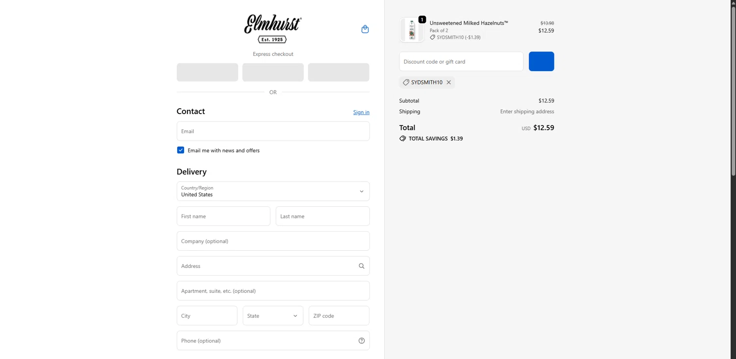 Elmhurst 1925 promo code screenshot showing code SYDSMITH10 applied at Elmhurst 1925 checkout page. Uploaded by SimplyCodes community member RoyalVirtuoso4479 on Oct 19, 2025