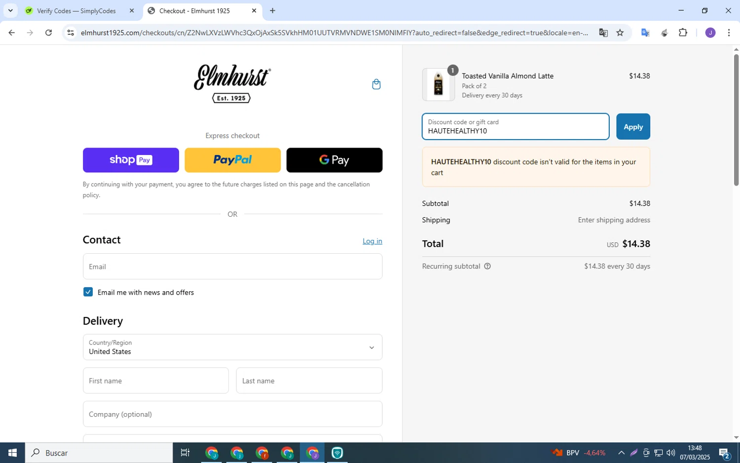 Elmhurst 1925 promo code screenshot showing code HAUTEHEALTHY10 applied at Elmhurst 1925 checkout page. Uploaded by SimplyCodes community member MoneyPro9023 on Mar 7, 2025