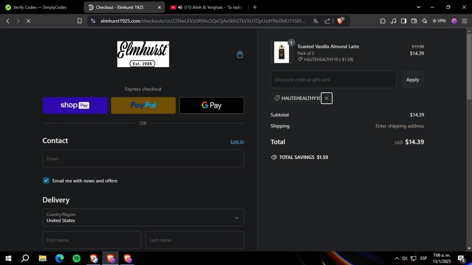 Elmhurst 1925 promo code screenshot showing code HAUTEHEALTHY10 applied at Elmhurst 1925 checkout page. Uploaded by SimplyCodes community member Yoseff2 on Jan 13, 2025