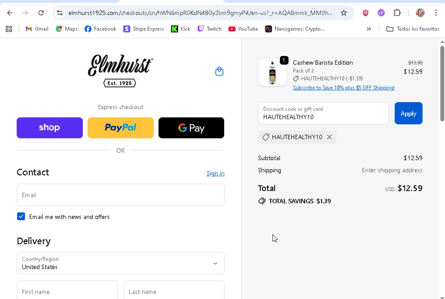 Elmhurst 1925 promo code screenshot showing code HAUTEHEALTHY10 applied at Elmhurst 1925 checkout page. Uploaded by SimplyCodes community member ronaldhernandez on Dec 24, 2025