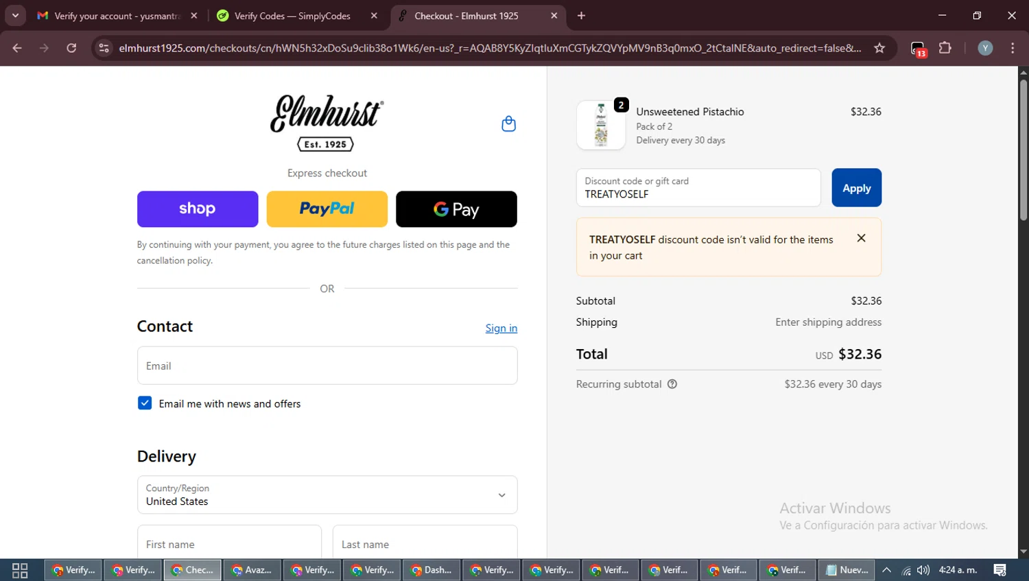Elmhurst 1925 promo code screenshot showing code TREATYOSELF applied at Elmhurst 1925 checkout page. Uploaded by SimplyCodes community member MoneyTiger5162 on Nov 25, 2025