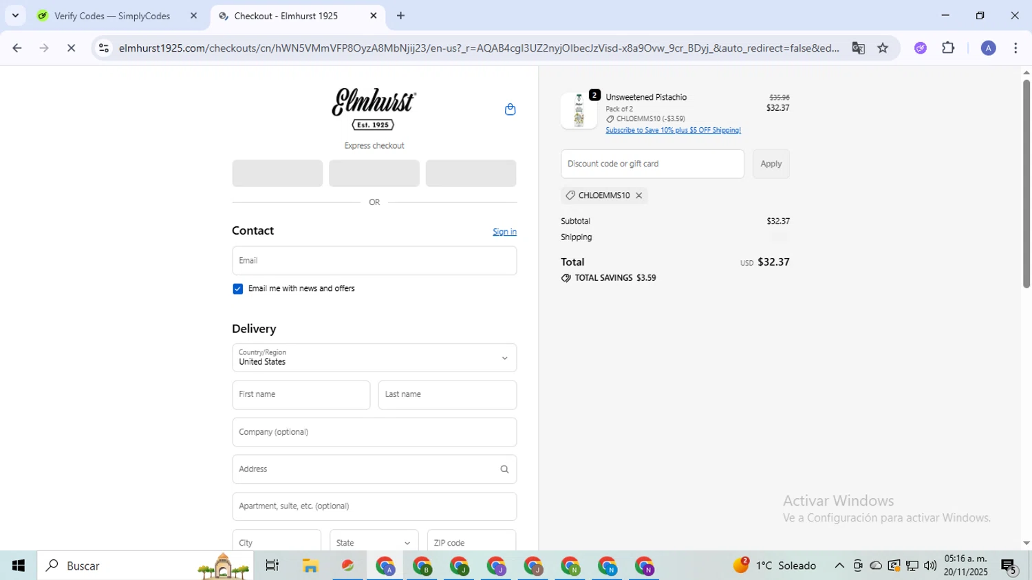 Elmhurst 1925 promo code screenshot showing code CHLOEMMS10 applied at Elmhurst 1925 checkout page. Uploaded by SimplyCodes community member TreasureCaptain5531 on Nov 20, 2025