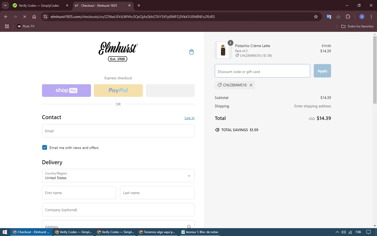 Elmhurst 1925 promo code screenshot showing code CHLOEMMS10 applied at Elmhurst 1925 checkout page. Uploaded by SimplyCodes community member SmartExpert6670 on Jan 13, 2025
