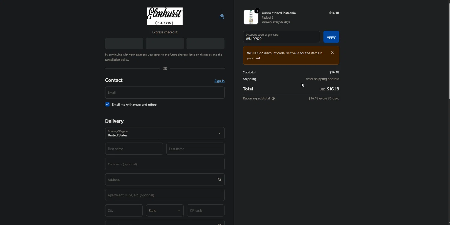 Elmhurst 1925 promo code screenshot showing code WB100922 applied at Elmhurst 1925 checkout page. Uploaded by SimplyCodes community member TreasureMaestro5413 on Nov 30, 2025