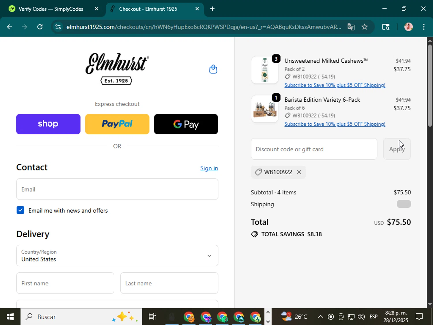 Elmhurst 1925 promo code screenshot showing code WB100922 applied at Elmhurst 1925 checkout page. Uploaded by SimplyCodes community member jenifer on Dec 29, 2025