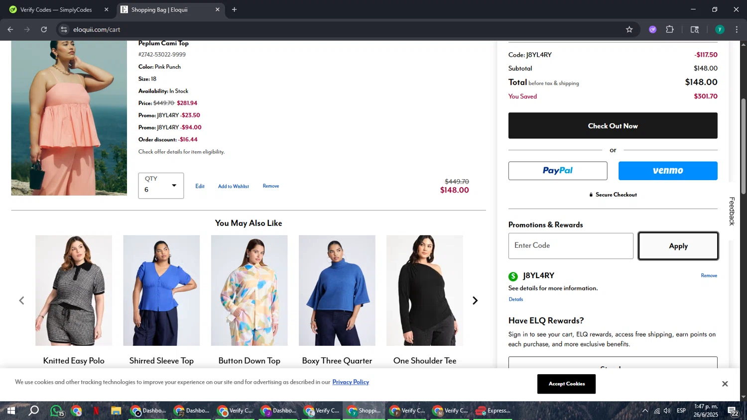 Eloquii coupon code screenshot showing code j8yl4ry applied at Eloquii checkout page. Uploaded by SimplyCodes community member FrugalCaptain6906 on Jun 26, 2025