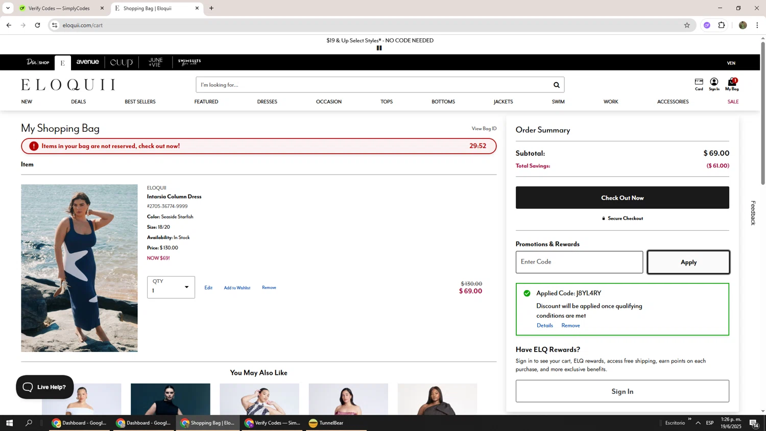 Eloquii coupon code screenshot showing code j8yl4ry applied at Eloquii checkout page. Uploaded by SimplyCodes community member Phoenix585 on Jun 19, 2025