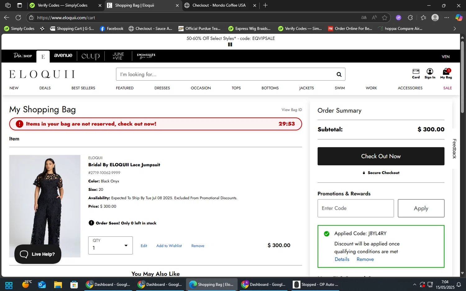 Eloquii coupon code screenshot showing code j8yl4ry applied at Eloquii checkout page. Uploaded by SimplyCodes community member CleverElite5084 on May 15, 2025