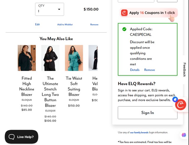 Eloquii checkout page showing Eloquii coupon code box | Screenshot taken by SimplyCodes community member on Aug 16, 2025
