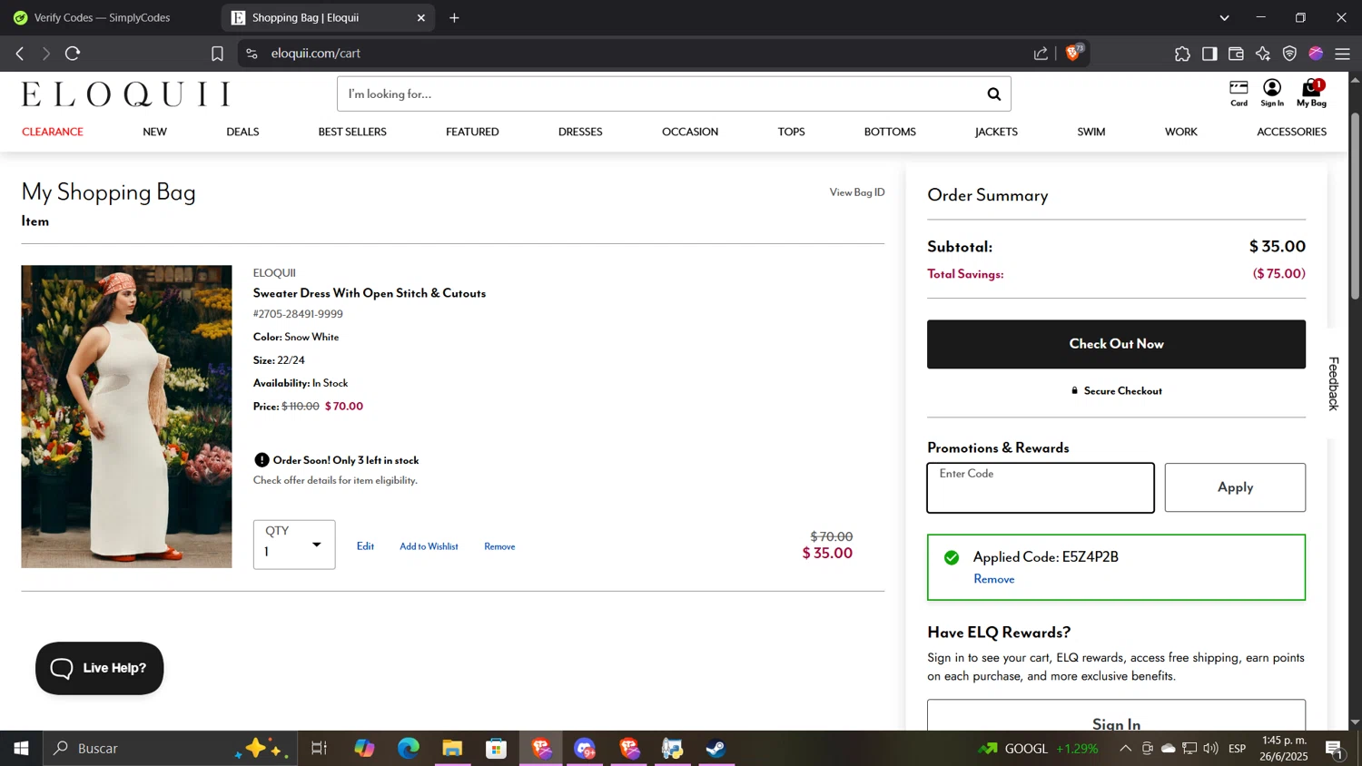 Eloquii coupon code screenshot showing code E5Z4P2B applied at Eloquii checkout page. Uploaded by SimplyCodes community member CocuydePenca on Jun 26, 2025