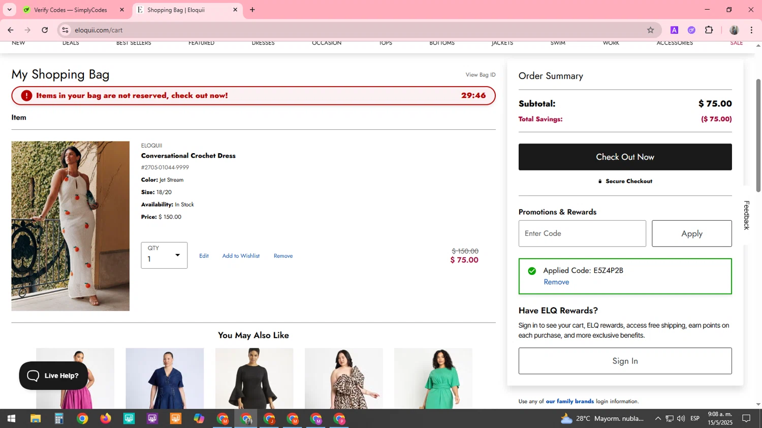 Eloquii coupon code screenshot showing code E5Z4P2B applied at Eloquii checkout page. Uploaded by SimplyCodes community member SARAI13 on May 15, 2025