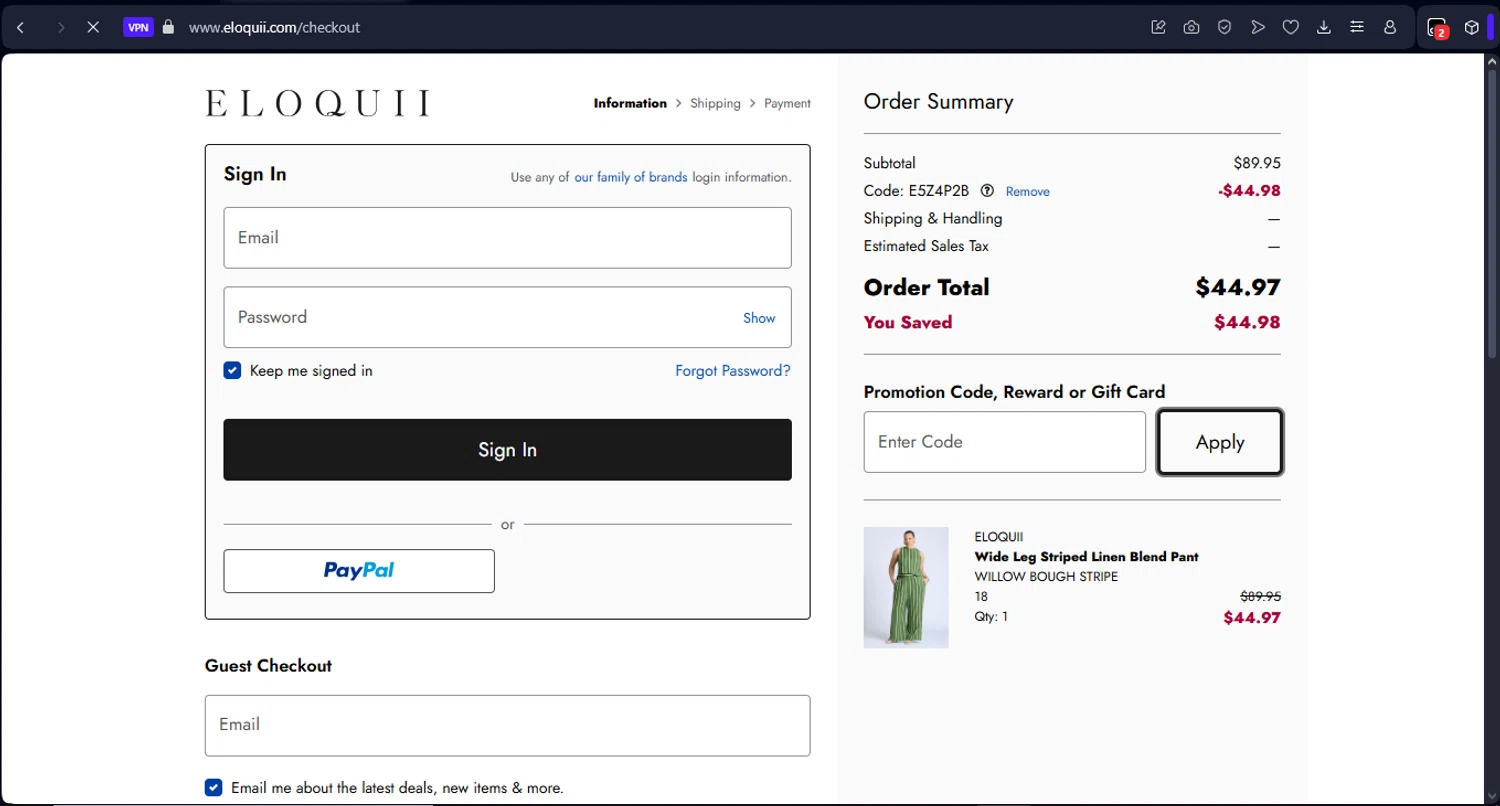 Eloquii coupon code screenshot showing code E5Z4P2B applied at Eloquii checkout page. Uploaded by SimplyCodes community member LegendaryTitan9160 on May 15, 2025