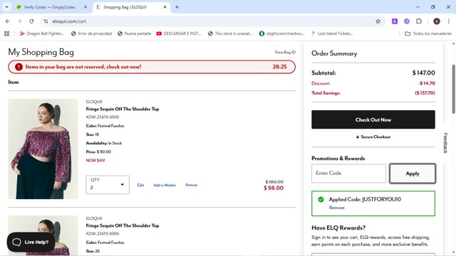 Eloquii checkout page showing Eloquii coupon code box | Screenshot taken by SimplyCodes community member on Aug 19, 2025