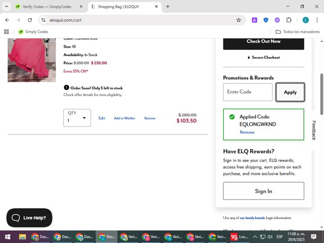 Eloquii checkout page showing Eloquii coupon code box | Screenshot taken by SimplyCodes community member on Aug 29, 2025