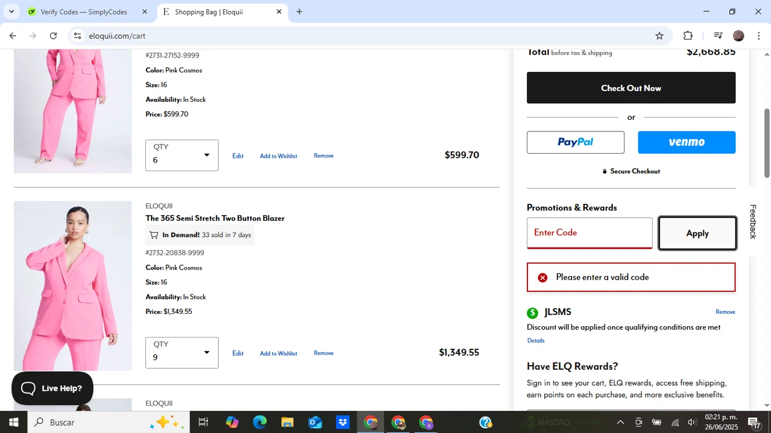Eloquii coupon code screenshot showing code JLSMS applied at Eloquii checkout page. Uploaded by SimplyCodes community member BonusEagle6359 on Jun 26, 2025