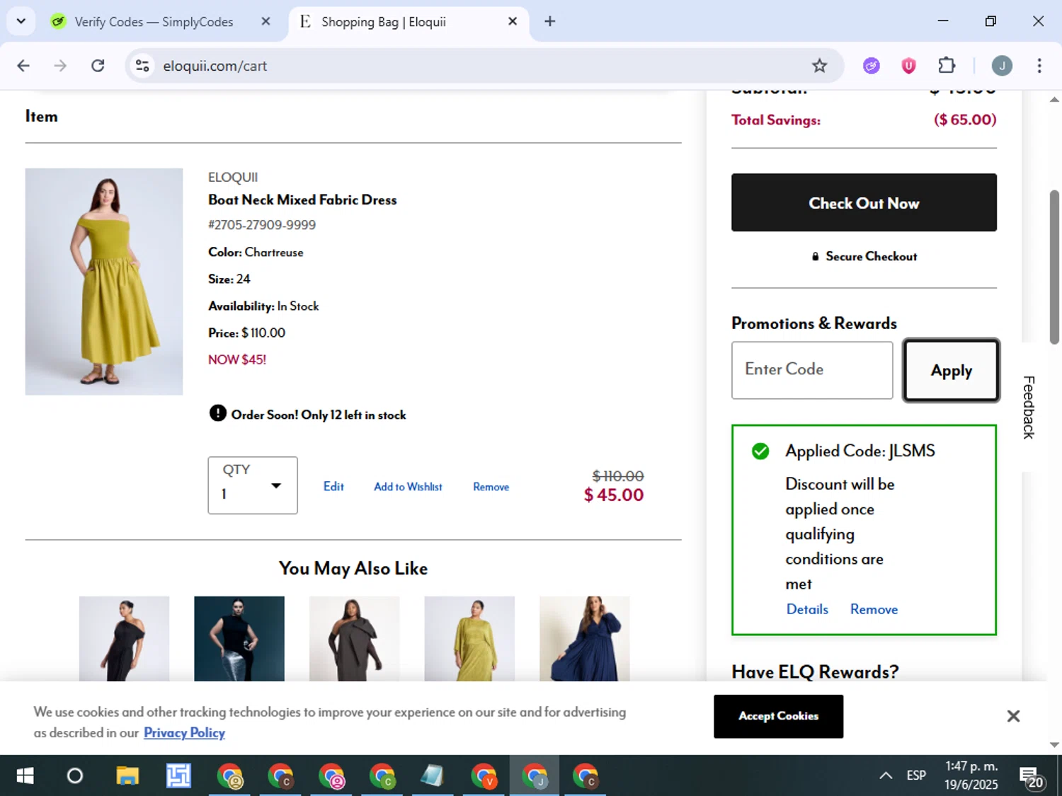 Eloquii coupon code screenshot showing code JLSMS applied at Eloquii checkout page. Uploaded by SimplyCodes community member ValueTracker8384 on Jun 19, 2025