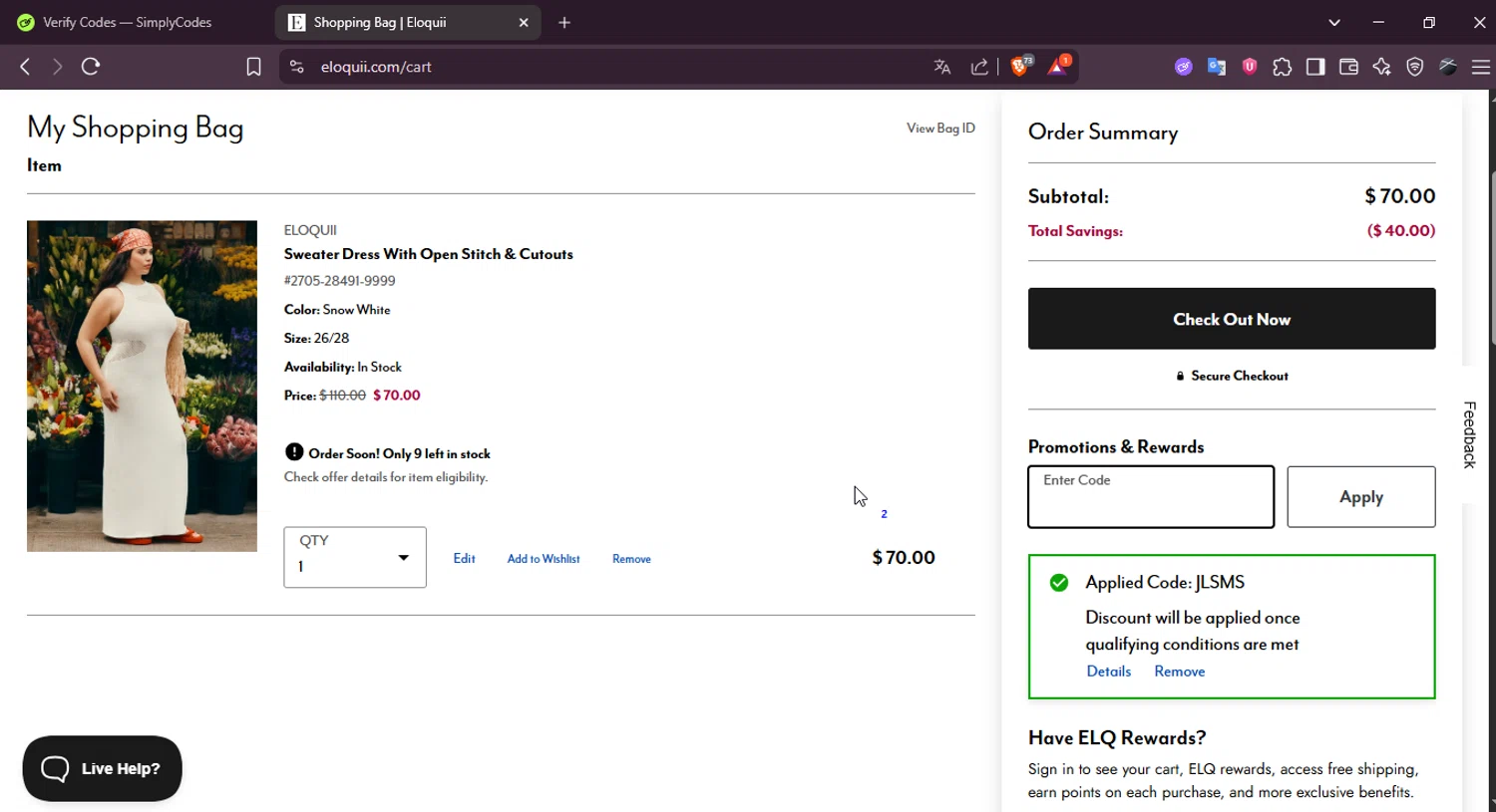 Eloquii coupon code screenshot showing code JLSMS applied at Eloquii checkout page. Uploaded by SimplyCodes community member josetf27 on Jun 26, 2025