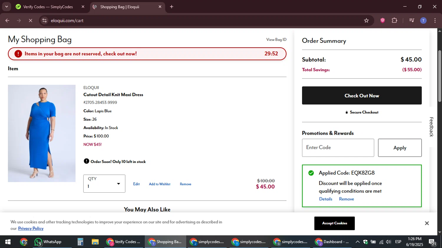 Eloquii coupon code screenshot showing code eqx8zg8 applied at Eloquii checkout page. Uploaded by SimplyCodes community member snidertom8 on Jun 19, 2025