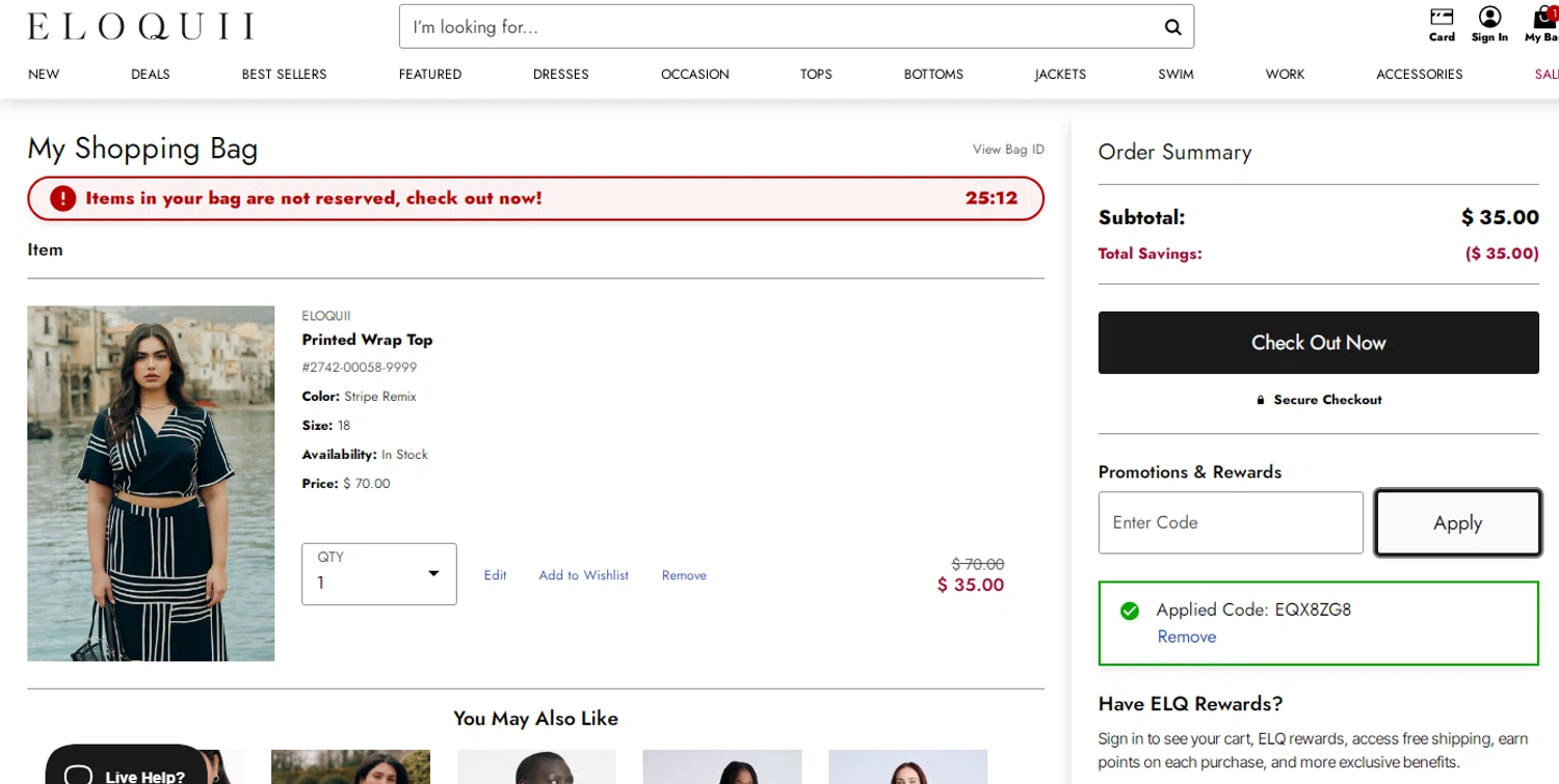 Eloquii coupon code screenshot showing code eqx8zg8 applied at Eloquii checkout page. Uploaded by SimplyCodes community member yeresojperez on May 15, 2025