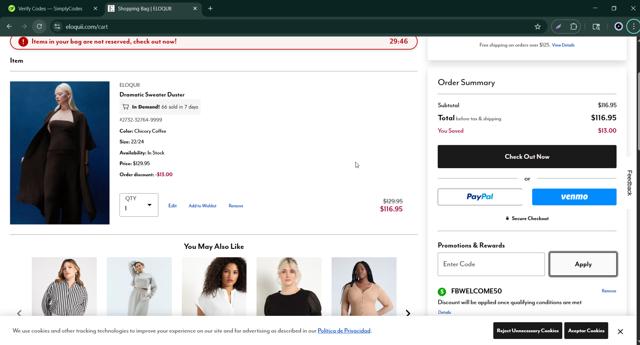 Eloquii checkout page showing Eloquii coupon code box | Screenshot taken by SimplyCodes community member on Sep 11, 2025