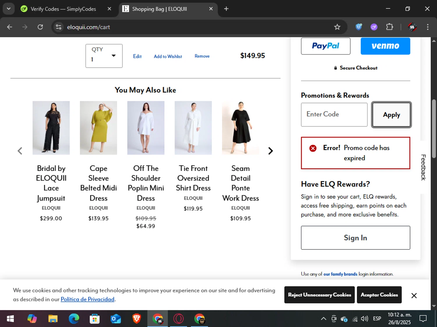 Eloquii coupon code screenshot showing code EQLETSGO applied at Eloquii checkout page. Uploaded by SimplyCodes community member TreasureAdmiral6867 on Aug 26, 2025