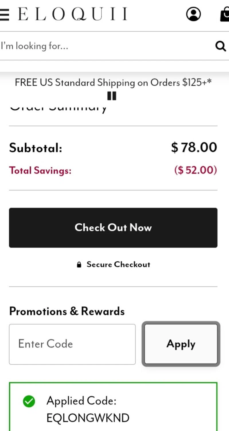 Eloquii coupon code screenshot showing code EQLONGWKND applied at Eloquii checkout page. Uploaded by SimplyCodes community member ValiantCurator3344 on Aug 29, 2025
