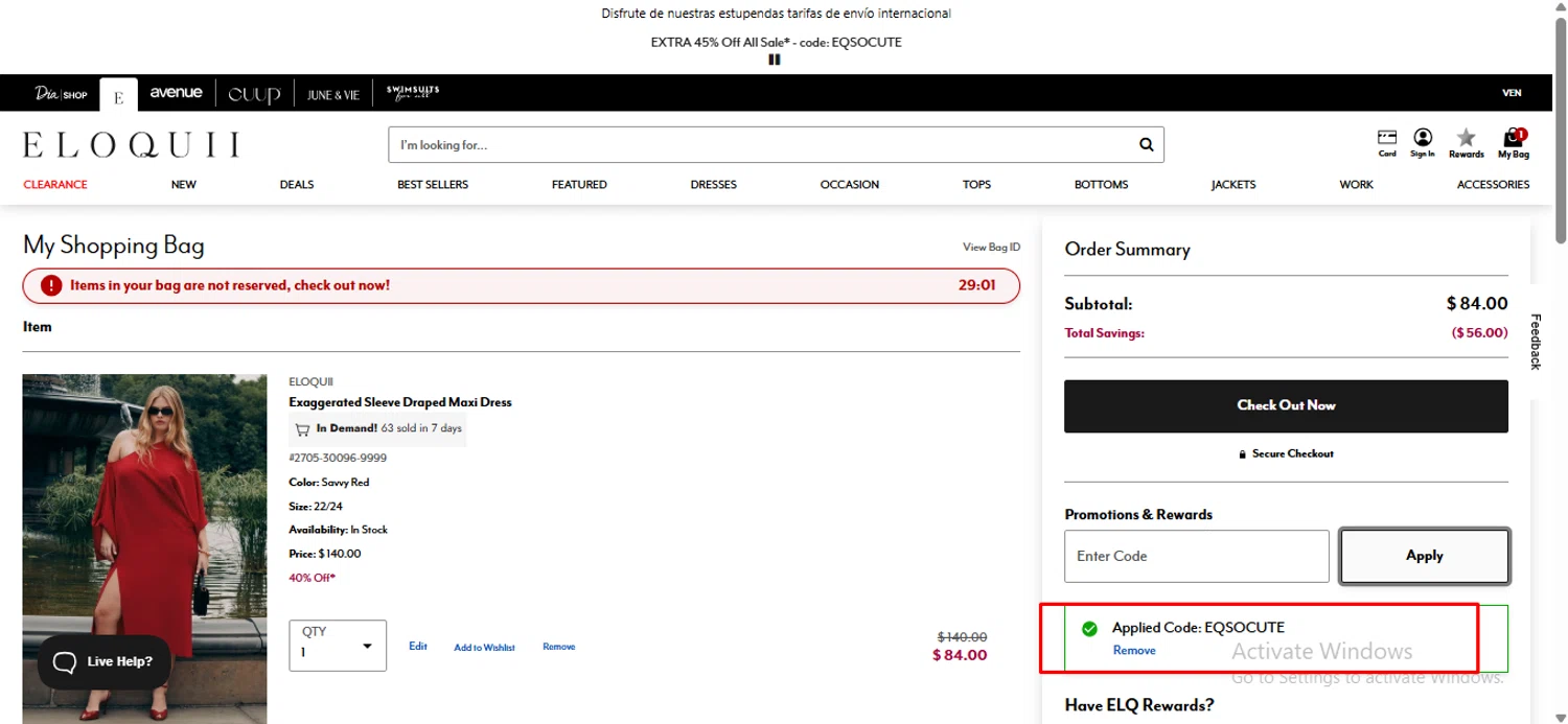 Eloquii coupon code screenshot showing code EQSOCUTE applied at Eloquii checkout page. Uploaded by SimplyCodes community member anosesmith on Aug 19, 2025