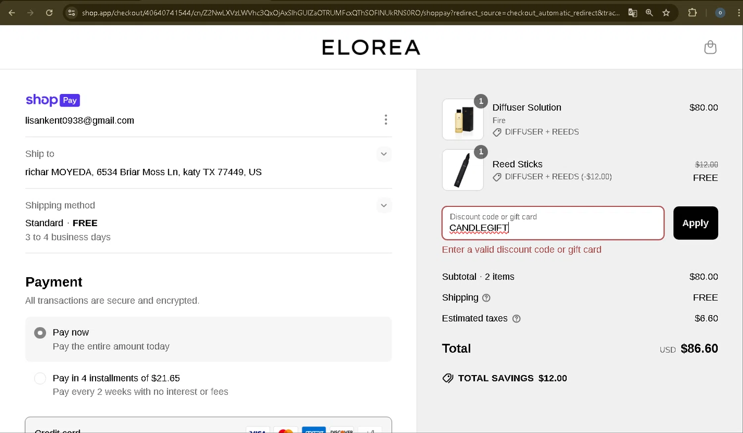 ELOREA discount code screenshot showing code CANDLEGIFT applied at ELOREA checkout page. Uploaded by SimplyCodes community member Danmiel007 on Jun 11, 2025