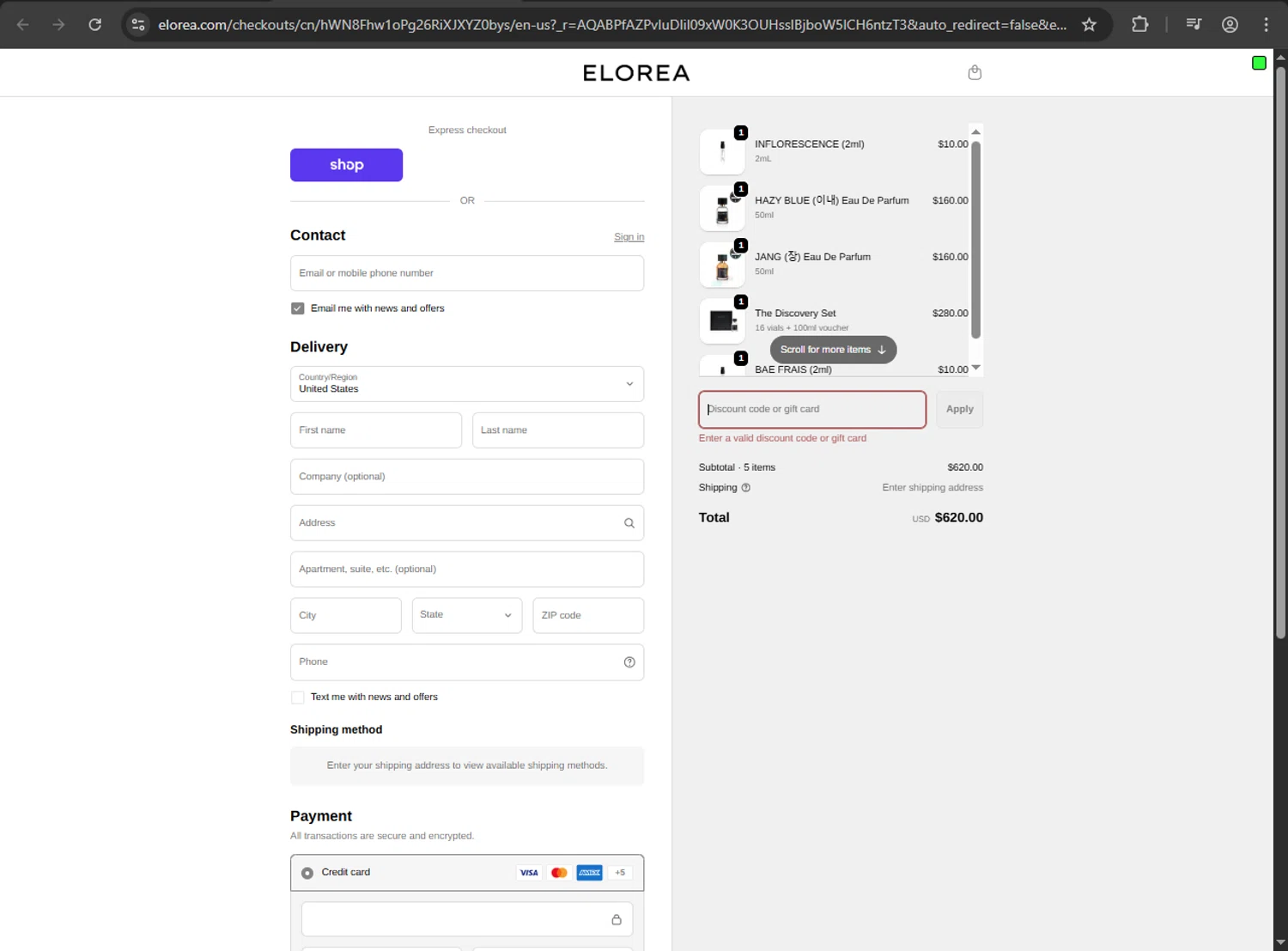 ELOREA promo code screenshot showing code CANDLEGIFT applied at ELOREA checkout page. Uploaded by SimplyCodes community member ShrewdDefender8496 on Jan 31, 2026