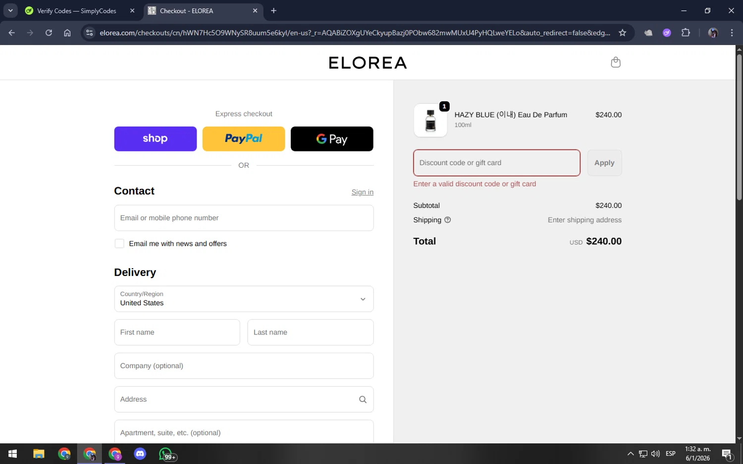 ELOREA discount code screenshot showing code bluesnake applied at ELOREA checkout page. Uploaded by SimplyCodes community member akamiguel on Jan 6, 2026