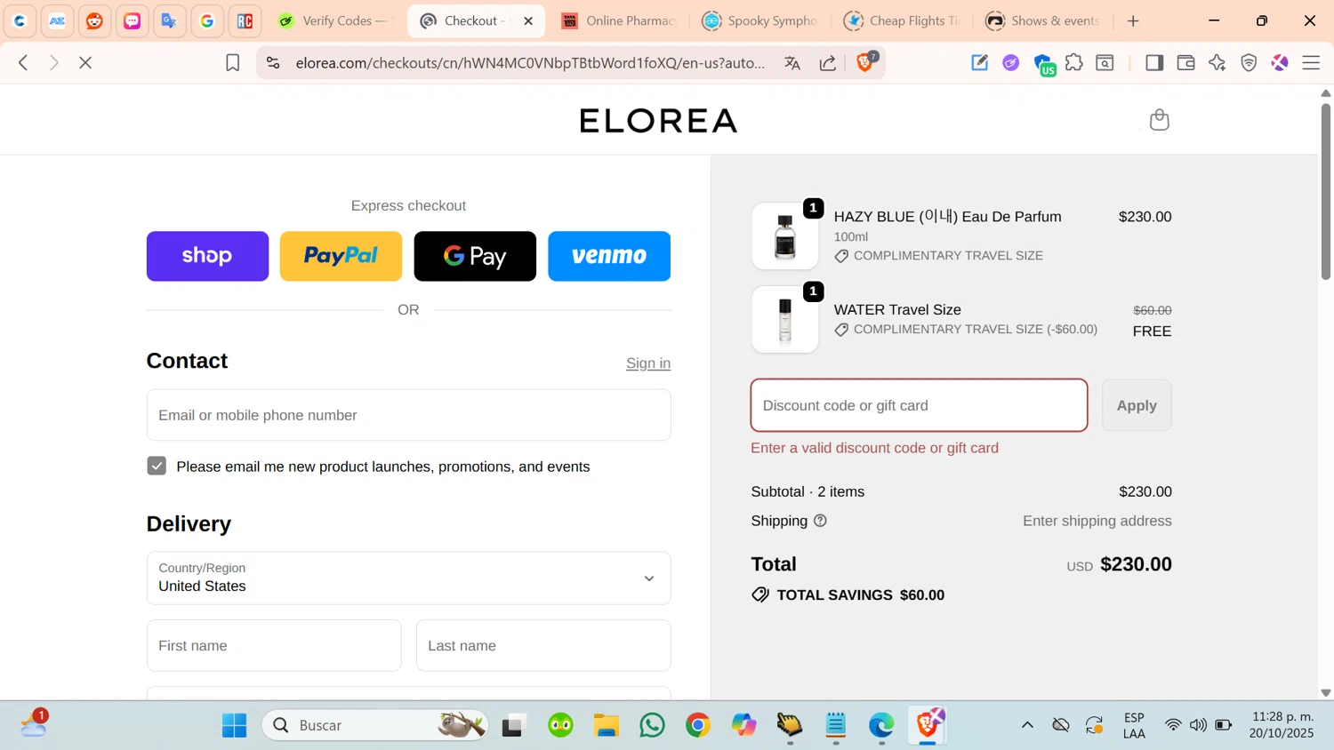 ELOREA discount code screenshot showing code bluesnake applied at ELOREA checkout page. Uploaded by SimplyCodes community member cosita on Oct 21, 2025