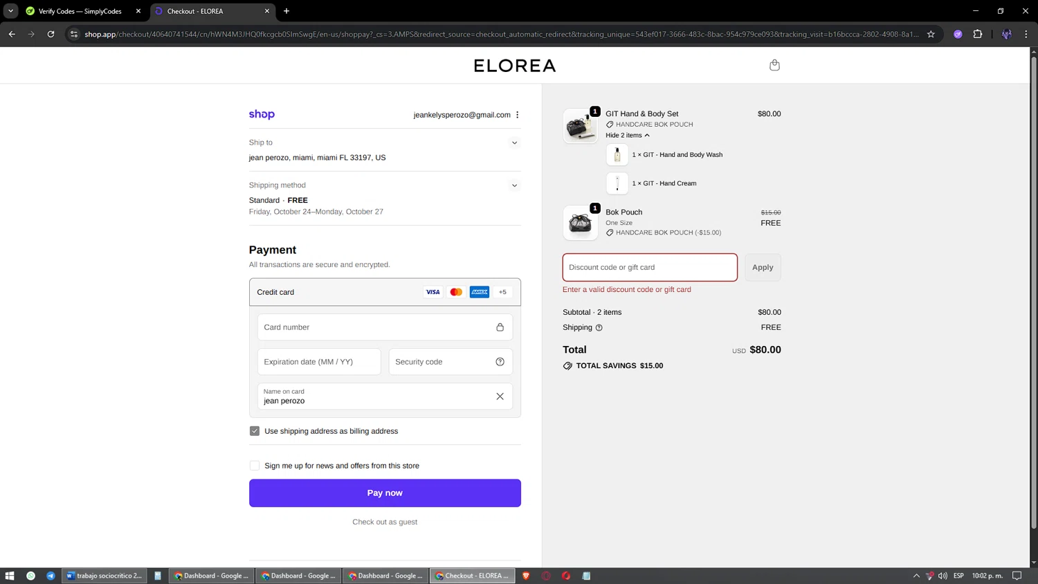 ELOREA discount code screenshot showing code bluesnake applied at ELOREA checkout page. Uploaded by SimplyCodes community member jesuscondez on Oct 21, 2025