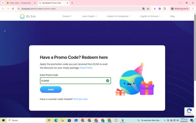 ELSA Speak checkout page showing ELSA Speak promo code box | Screenshot taken by SimplyCodes community member on Aug 20, 2025